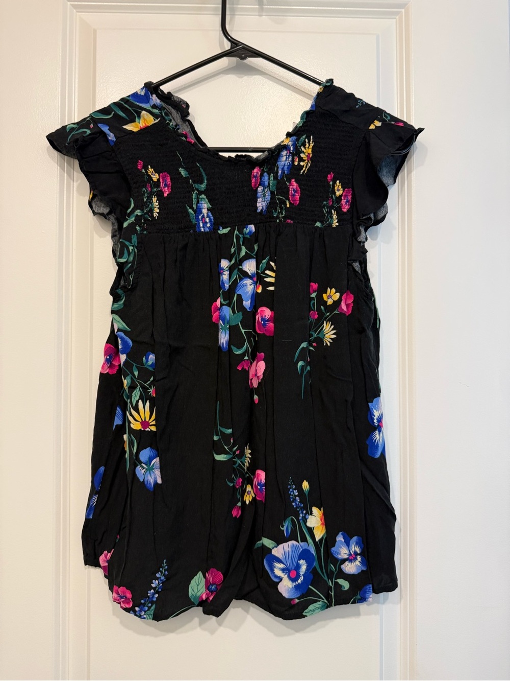 Women’s size medium Black Floral Smocked Shirt- Multicolor floral Print
